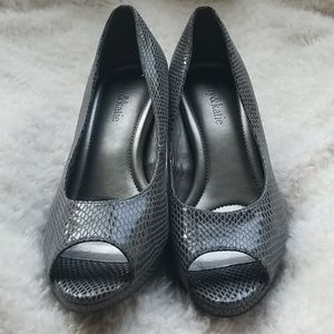 Gray snakeskin Kelly & Katie Peeptoe heels